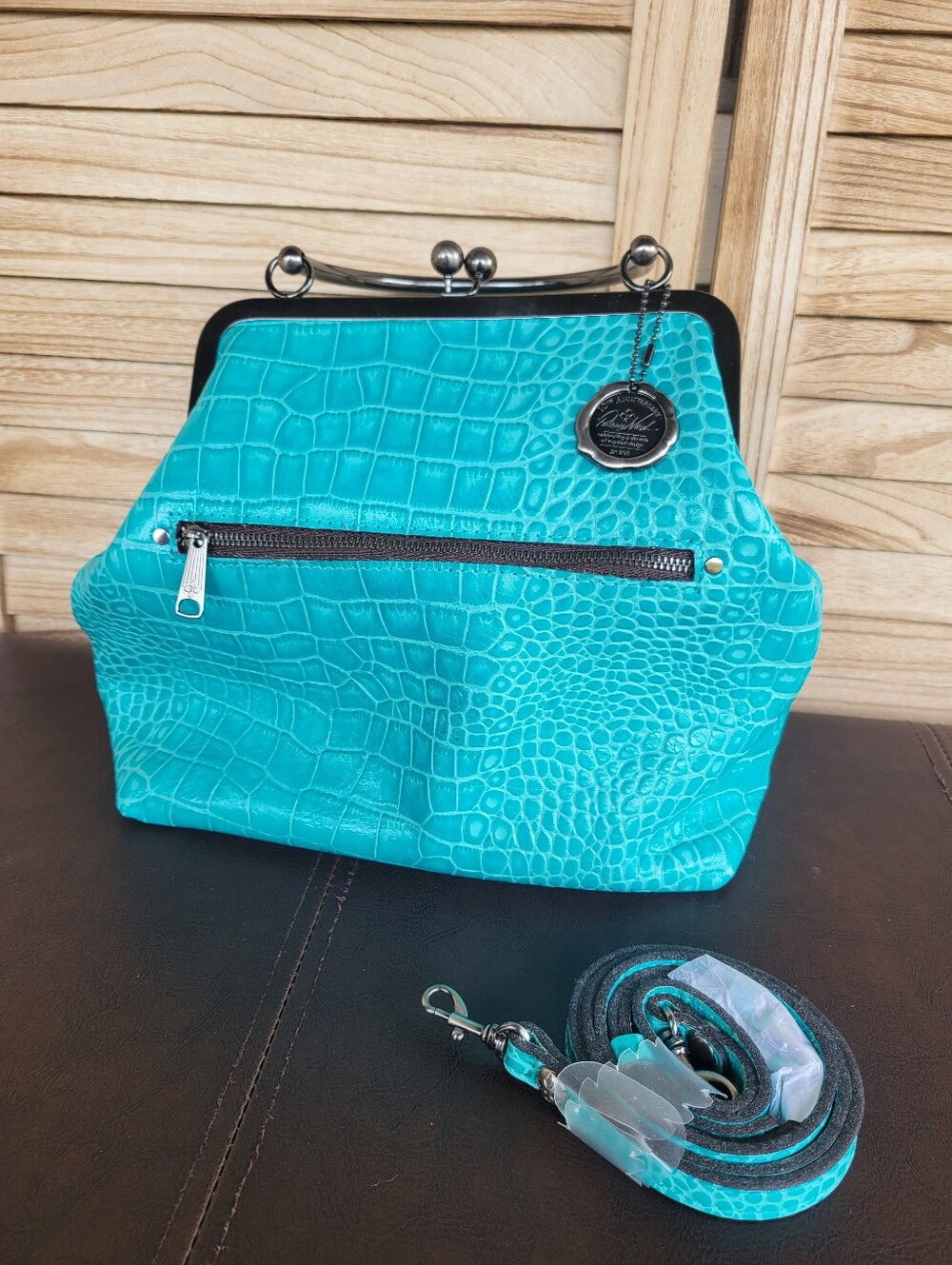 Patricia Nash Laureana Leather Kiss-Lock Frame Satchel Aqua Croc Embossed NWT
